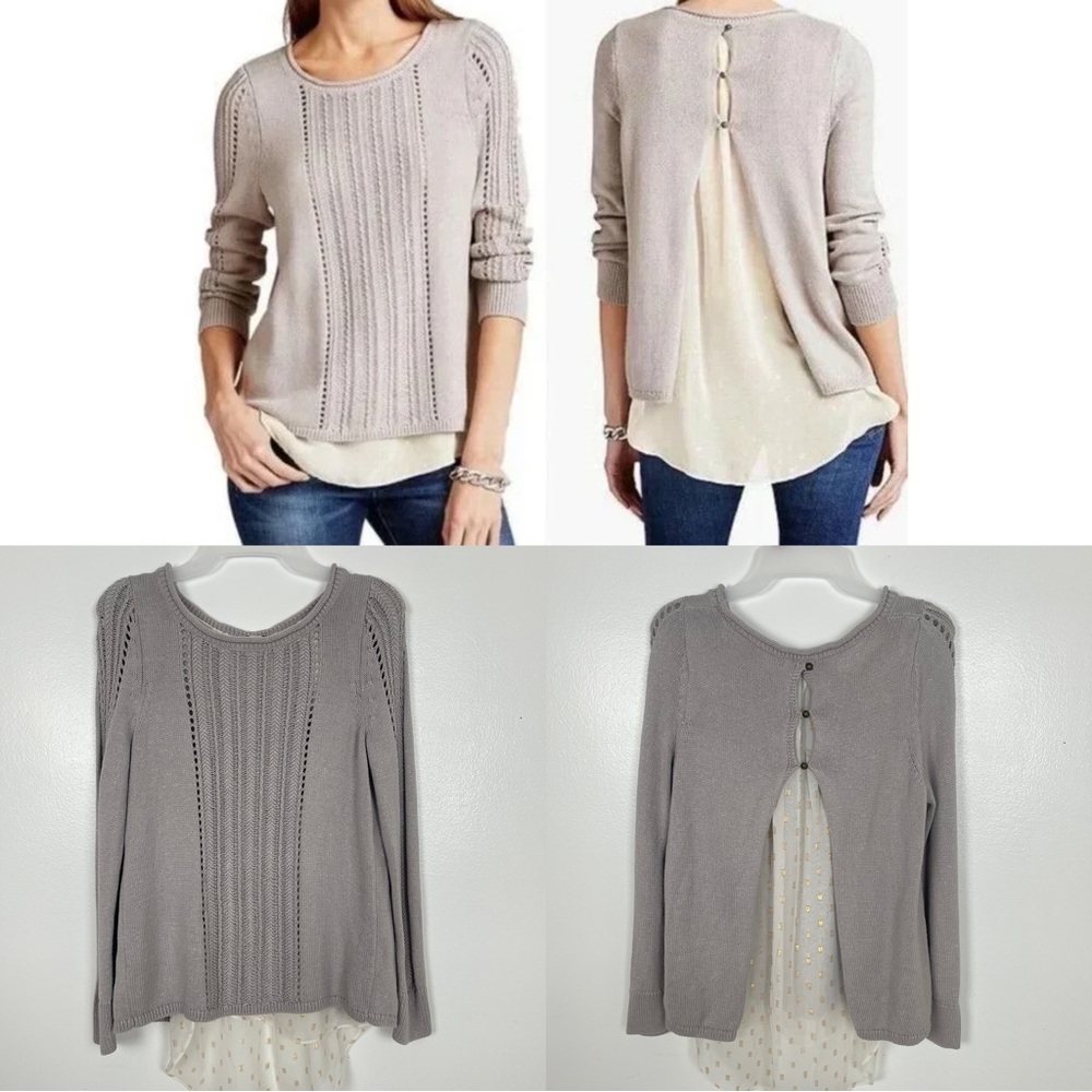 Lucky Brand Layered Split Back Metallic Sweater Gray Cream Gold Womens Size XS